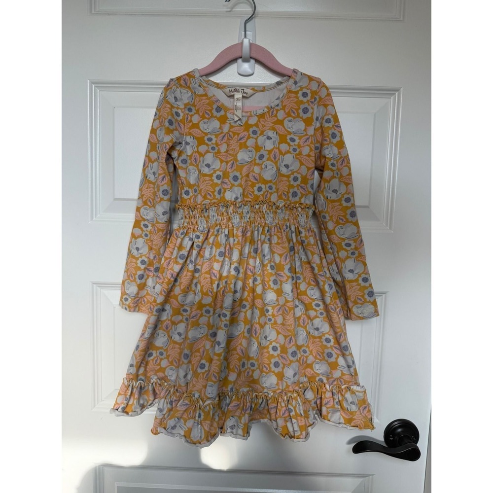20.Matilda Jane Girls Mustard Yellow Floral Smocked Long Sleeve Ruffle Dress 6Y